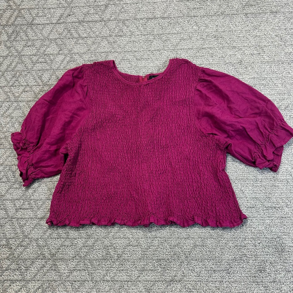Ashley Stewart Smocked L‎ Puff Sleeve Top Blouse Magenta Womens